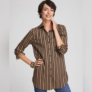 Chico's Long Sleeve Button Down Collared Tunic SZ 00 US 2 No Iron Camel/Black